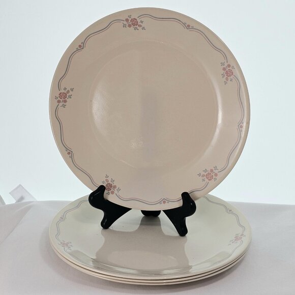 4 Corelle English Breakfast Rose Dinner Plates 10" light blue pink lines floral - Picture 1 of 9